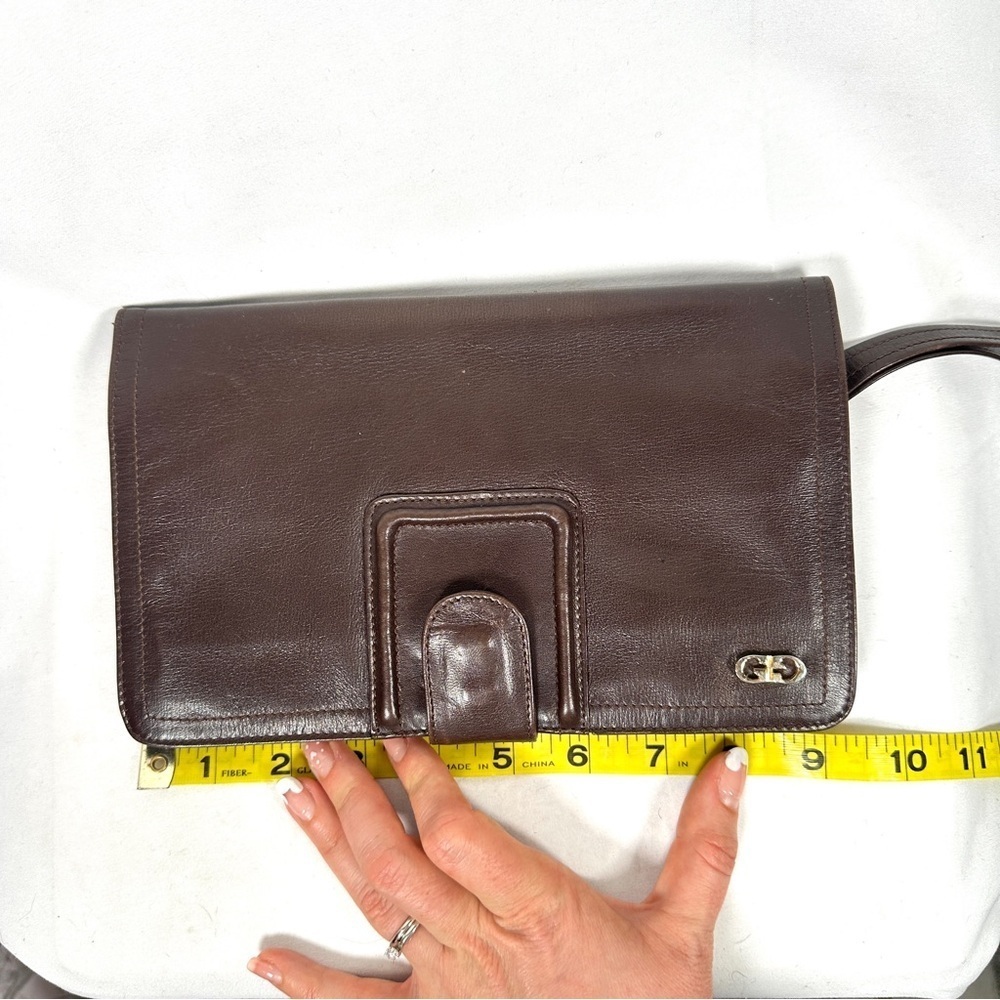 Vintage German Leather Clutch Brown Double-G Corner Hardware 80s Minimalist - Picture 3 of 12